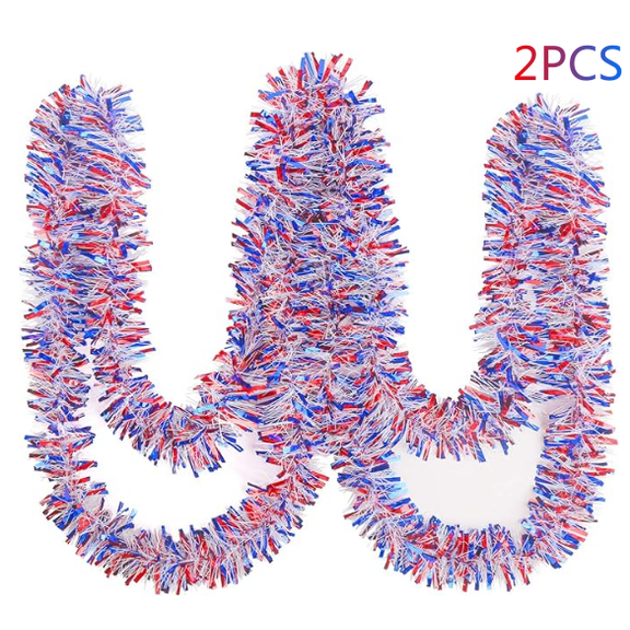 4th of July Garland, Independence Day Patriotic Tinsel Garland, Metallic Garland for 4th of July Memorial Day and Veterans Day Decorations Total 2 PCS