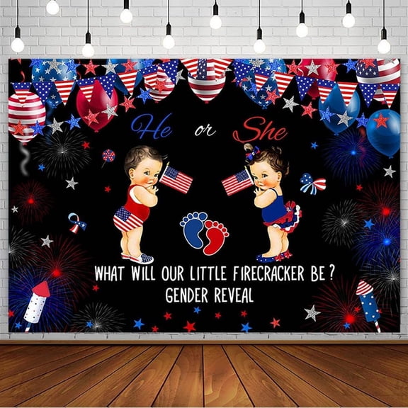 4th of July Gender Reveal Firework Backdrop Independence Day He or She Boy or Girl Red Blue Baby Shower Party Decorations Stars Firecracker Balloon Photography Background Photoshoot Props