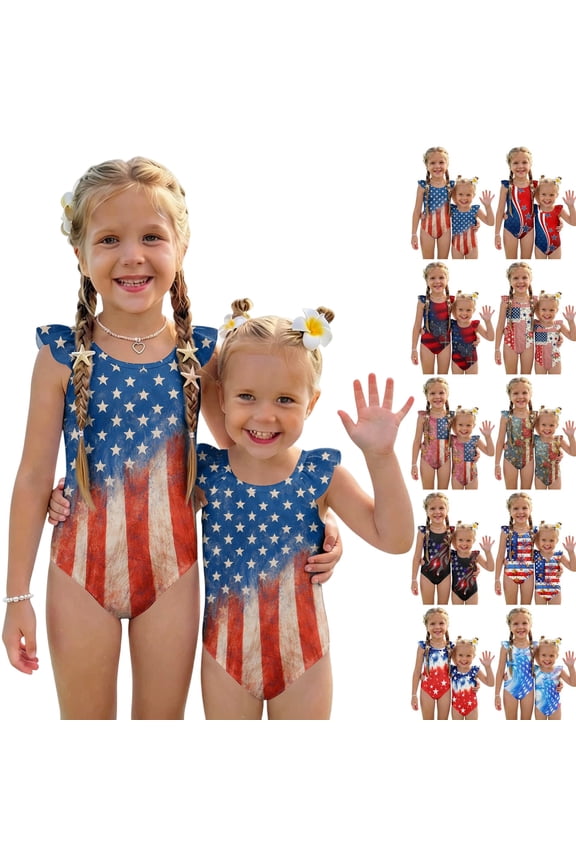 4th of July Girls One Piece Swimsuits Size 7 Swim Bikini Sets Independence Day American Flag Stars Striped Summer Flutter Sleeve Beach Vacation Cute Girls Bathing Suit Royal Blue 5-6 Years