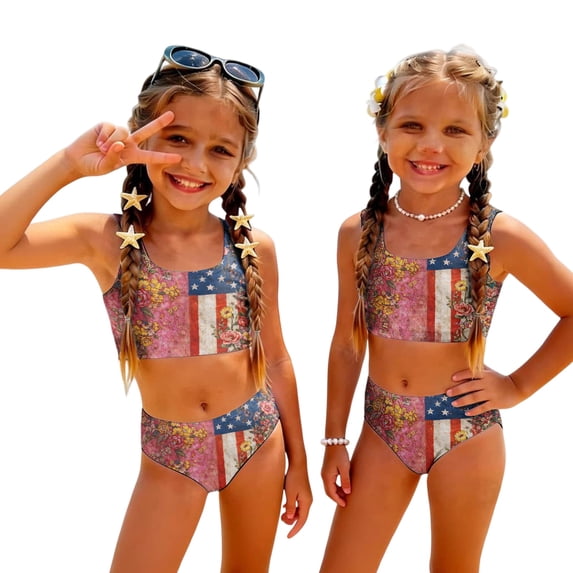4th of July Girls Swimsuits Size 10-12 Two Piece Sets Swimming Bikini Set Beach Vacation Bathing Suits Summer American Flag Stars Striped Girls Clothes Tankini Swimsuits Swimwear Pink 5-6 Years