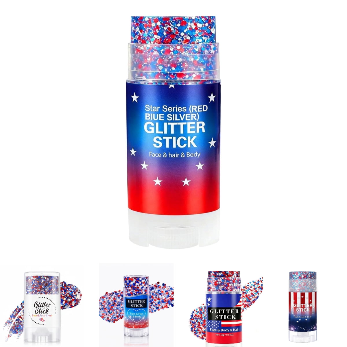 4th of July Glitter Stick, Patriotic Red White and Blue Face Hair Body Glitter Stick, 250th Birthday USA Flag Makeup, 4th of July Outfits Accessories for Kidults Teen Women Men, Veterans Day Decor(D)