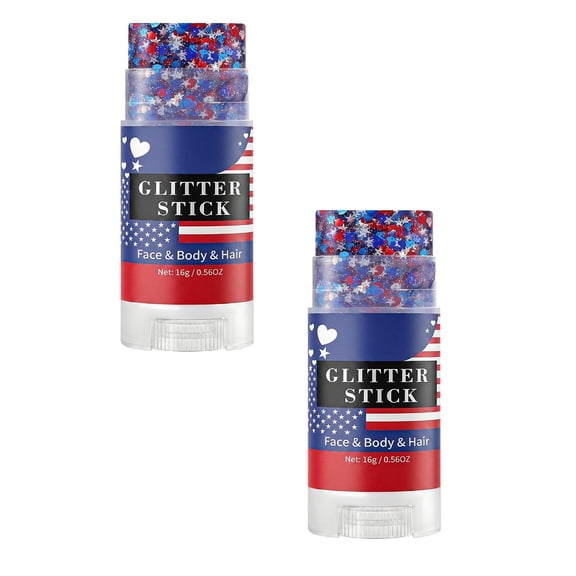 4th of July Glitter Stick - Red White and Blue Body Glitter Makeup Stick, Patriotic Face Glitter for Independence Day, Waterproof Long Lasting Sparkle, Festival Party Makeup, Football Game 1PC*2