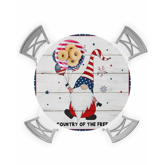 4th of July Gnome Balloon on Farm Wood Fitted Round Tablecloths Elastic Edged Table Covers 45"-54",Freedom Blue and Red Grid Waterproof Dining Room Table Cloth for Kitchen Holiday Party Tables Decor