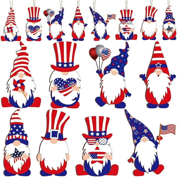 4th of July Gnome Ornaments Independence Day Hanging Decorations Patriotic Tree Decor Wooden Red White and Blue Wooden Gnome Hanging Decoration for Independence Memorial Day Party(8 Pieces)