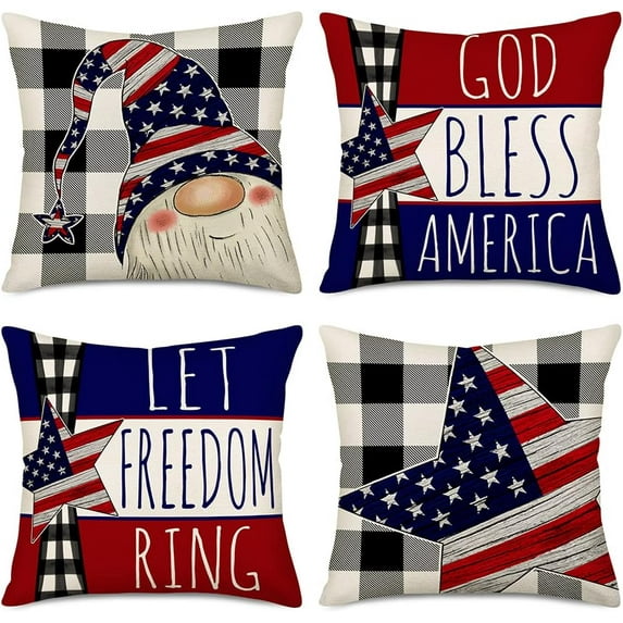 4th of July Gnome Pillow Covers 16x16 Set of 4 Buffalo Plaid American Flag Stars and Stripes Patriotic Pillow Case God Bless America/Let Freedom Ring Pillows Decorative Cushion Cover for Home