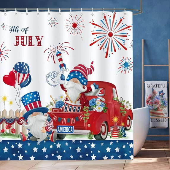 4th of July Gnome Truck Shower Curtain for Bathroom Independence Day Fireworks Decorative Bath Curtain 72 x 72 Inch Polyester Fabric Waterproof Bathroom Curtain with 12 Hooks