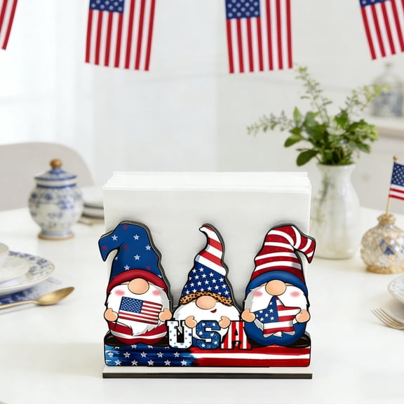 4th of July Gnome Wooden Napkin Dispenser, Patriotic USA Table Decor, Independence Day Tissue Holder for Party, Kitchen, Home, Festive Decor for All Patriotic Occasions and Family Events