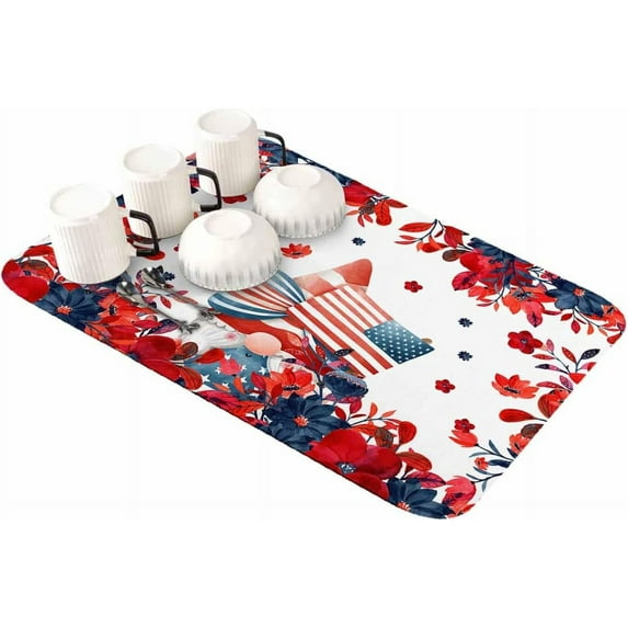 4th of July Gnomes Dish Drying Mat for Kitchen Counter, Super Absorbent Quick Dry Coffee Bar Mat Pad Thin Diatomaceous Sink Mat Non Slip Dish Drainer Mat 16''''x18'''' Blue Red Floral Independence Day