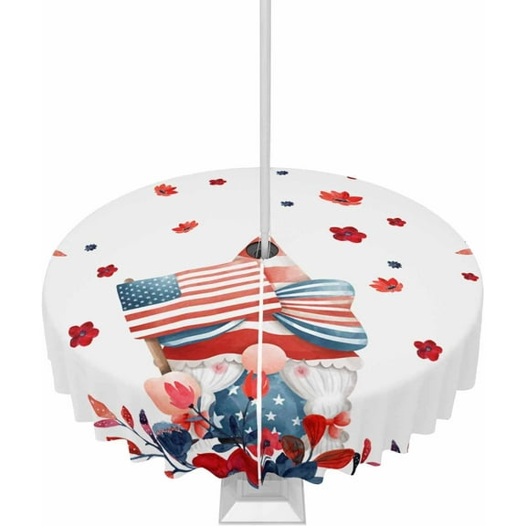 4th of July Gnomes Outdoor Tablecloth - 60 Inch Round Dining Table Cover, Blue Red Floral Independence Day Waterproof Outdoor Table Cloth with Umbrella Hole & Zipper for Picnic/Patio/Party