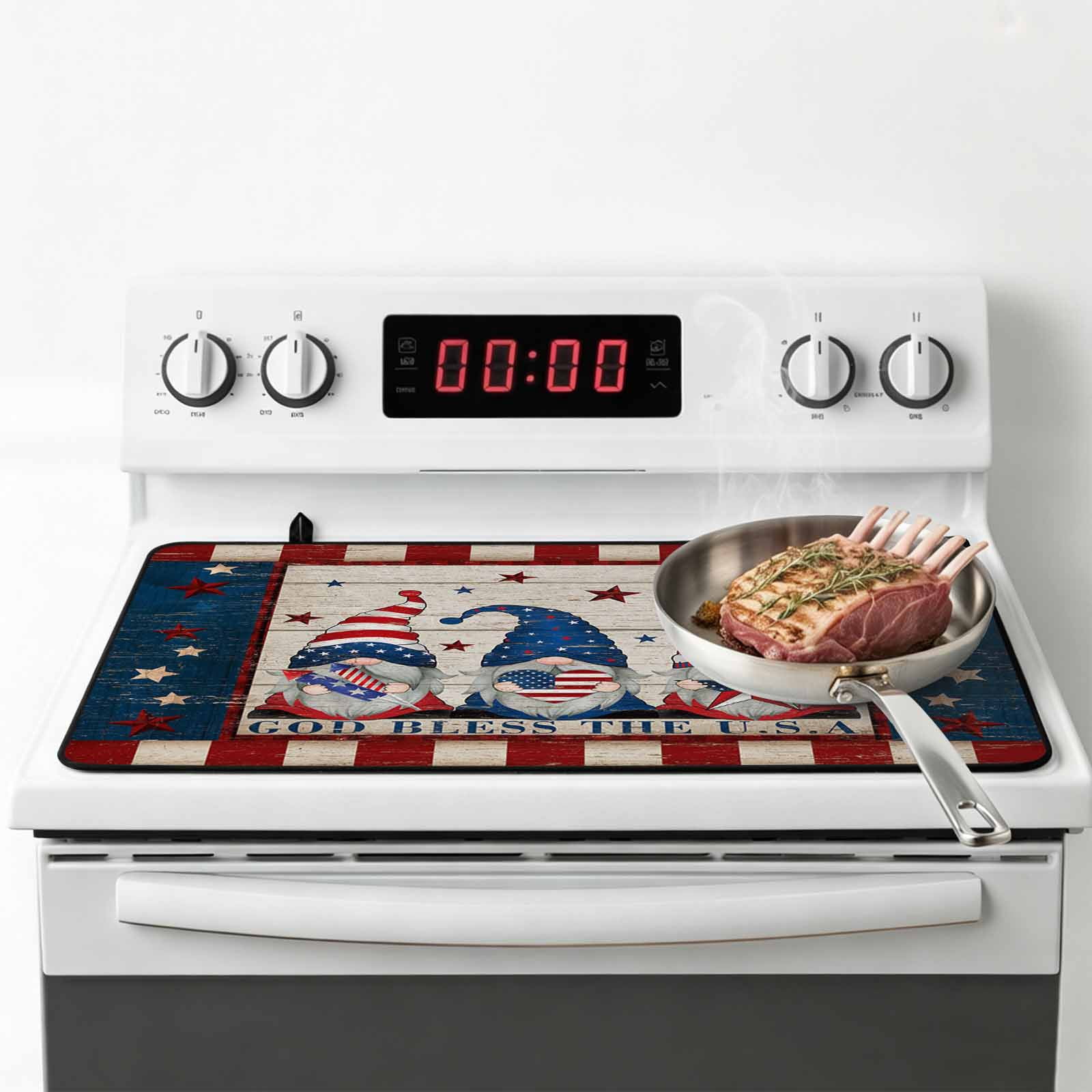 4th of July Gnomes Stove Top Cover for Electric Stove, Heat-proof & Non Slip Glass Top Stove Cover Protector, Independence Day Dwarf American Flag Star Kitchen Flat Cooktop Rubber Mat 24x21 Inches