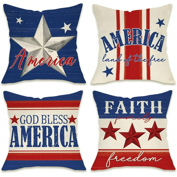 4th of July God Bless America Patriotic Decorative Throw Pillow Covers 18 x 18 Set of 4, USA Stripes Stars Land of The Free Outdoor Pillowcase, American Faith Freedom Cushion Case Home Decor