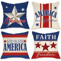 4th of July God Bless America Patriotic Decorative Throw Pillow Covers 18 x 18 Set of 4, USA Stripes Stars Land of The Free Outdoor Pillowcase, American Faith Freedom Cushion Case Home Decor