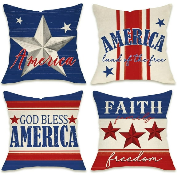 4th of July God Bless America Patriotic Decorative Throw Pillow Covers 18 x 18 Set of 4, USA Stripes Stars Land of The Free Outdoor Pillowcase, American Faith Freedom Cushion Case Home Decor