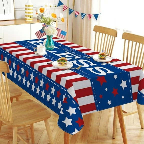 4th of July God Bless America Patriotic Rectangle Tablecloth 60 x 84 Inch, American Stars Stripes Decorative Table Cloth Dining Table Cover, USA Blue Red White Dinner Party Picnic Decoration