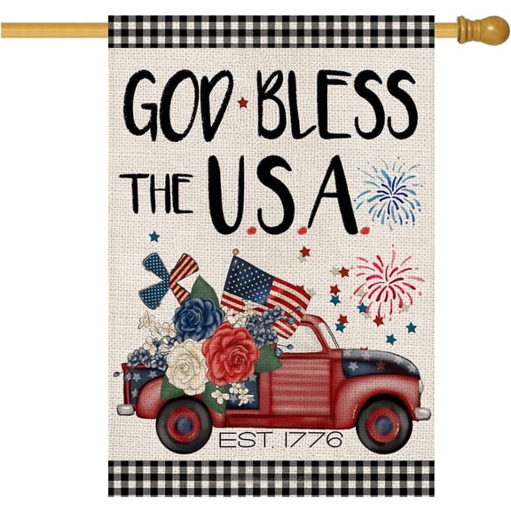 4th of July God Bless The USA House Flag 28 x 40 Double Sided,Buffalo Plaid Patriotic Truck with Flowers Yard Flags for Outdoor,Holiday Decorative House Flag Independence Day Decor for Memorial Day