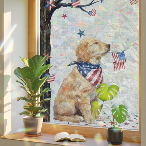 4th of July Golden Dog Window Privacy Film Rainbow Static Cling Stain Glass Window Film for Glass Door, Decorative UV Blocking Sunroof Decal Sticker for Car 23.6"x59" American Star Branches Tree