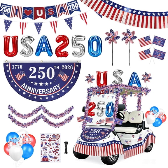 4th of July Golf Cart Decorations Kit, 250th Patriotic Parade Golf Cart Decor 250th Banner, Fan Flags, Foil Fringe Garland, Pinwheels and More with 1776-2026 for Independence Day Memorial Day