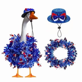 Porch Goose Outfit for 23 Inch Lawn Goose Statue, Red White Blue Tinsel Garland and Hat Costume Set for Outdoor Yard Garden Decoration