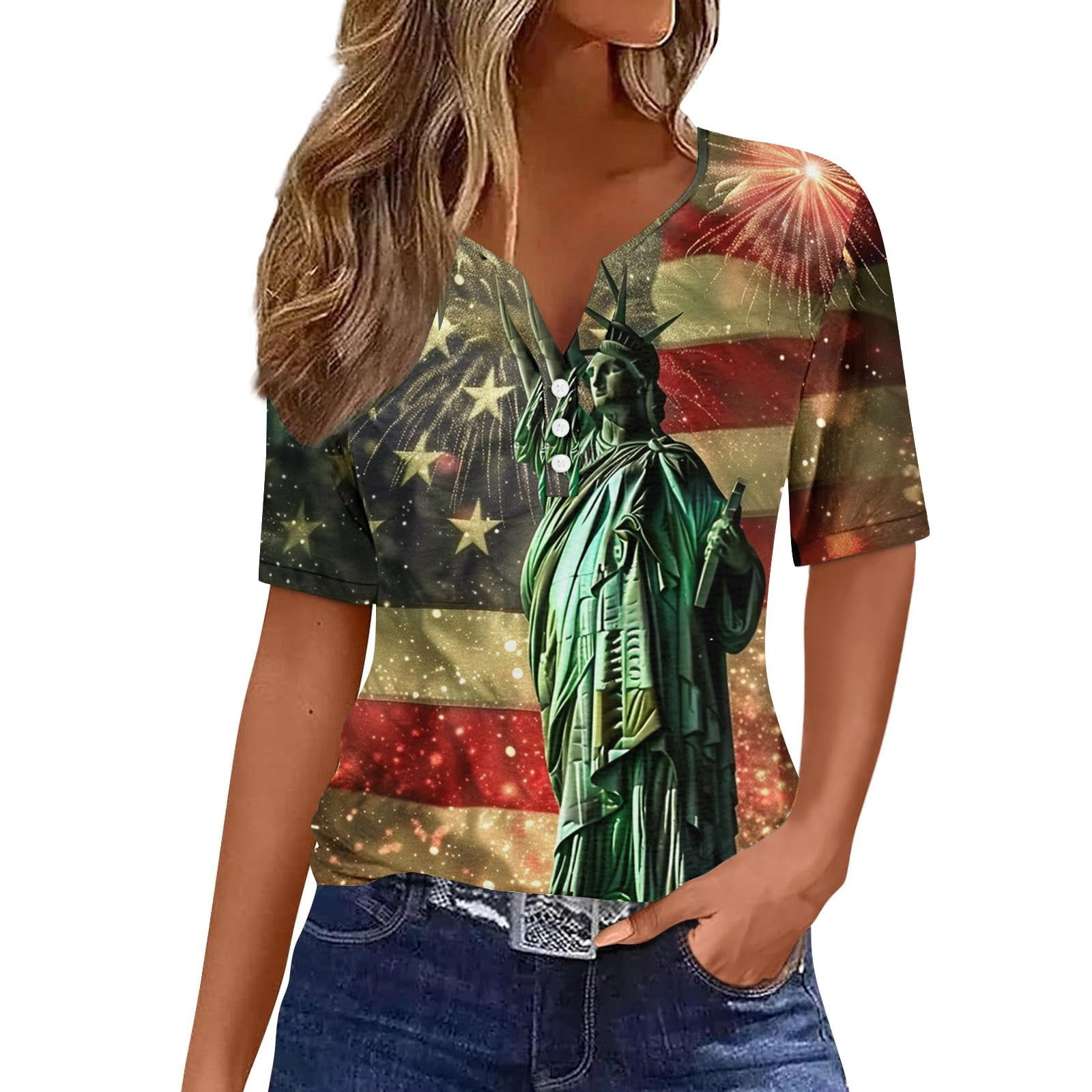 Women's Christmas Snowflake Print Tunic Top – Henley V-Neck, Button Front, Flowy Fit For Holidays & Casual Wear
