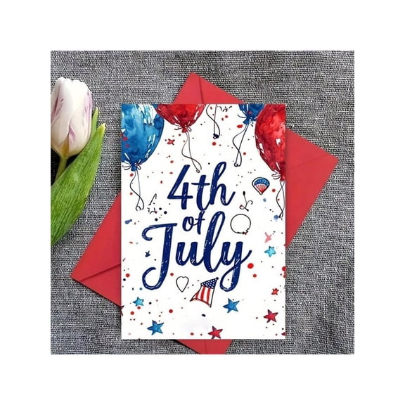4th of July Greeting Card Patriotic Red, White, and Blue Design with Balloons Blank Inside, Envelope Included Perfect for Independence Day Celebrations