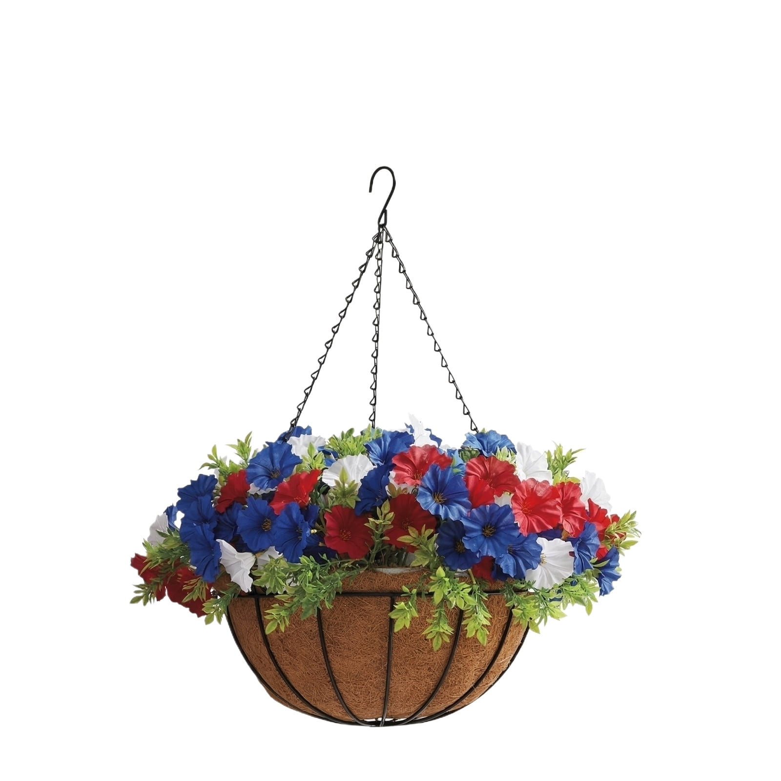 4th of July Hanging Flower Basket with Artificial Flowers, Patriotic Red White Blue Faux Hanging Planter for Porch Garden Patio Balcony Independence Day Home Decor 250th Anniversary Decorations
