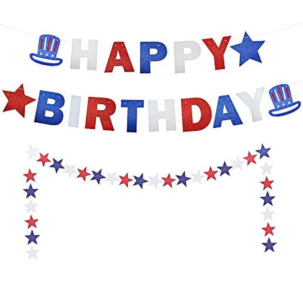 4th of July Happy Birthday Banner Glittery Red White Blue USA American