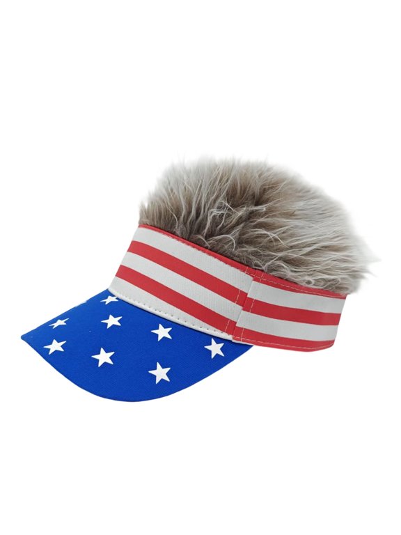 4th of July Hat 250 Anniversary USA Hat with Wig Top, American Flag Structured Brim Quick-Dry Sun Visor Hat for Women Men Fourth of July Patriotic Hat