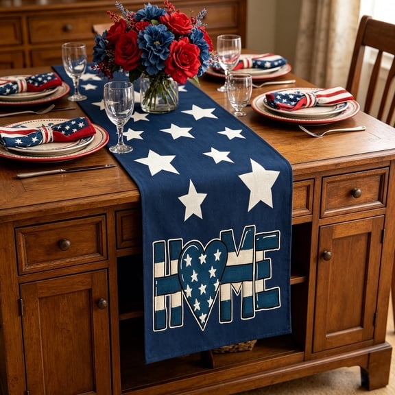 4th of July Holiday Table Runner - Patriotic Star Design, Durable Cotton Fabric, Red White Blue Colors, Wrinkle-Resistant, Perfect for Dining Table, Coffee Table & Home Patriotic Celebrations.