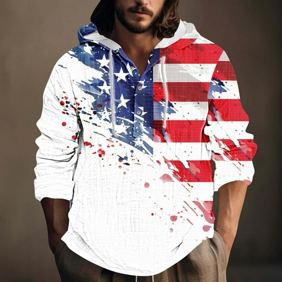 4th of July Hoodie American Flag Hoodies for Men 4th of July Hoodies for Men American Flag Hoodie Patriotic Hoodies for Men Printed Vintage Casual Long Sleeve Button Drawstring Hoodies Sweatshirt