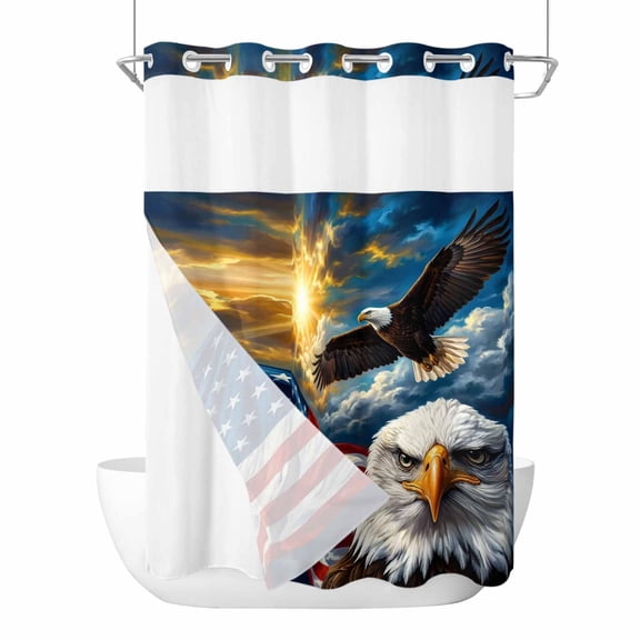 4th of July No Hook Shower Curtain with Snap in Liner, Waterproof Fabric Shower Curtains, Eagle American Flag Independence Day Shower Curtain Set Top See Through for Bathroom 72"x96"