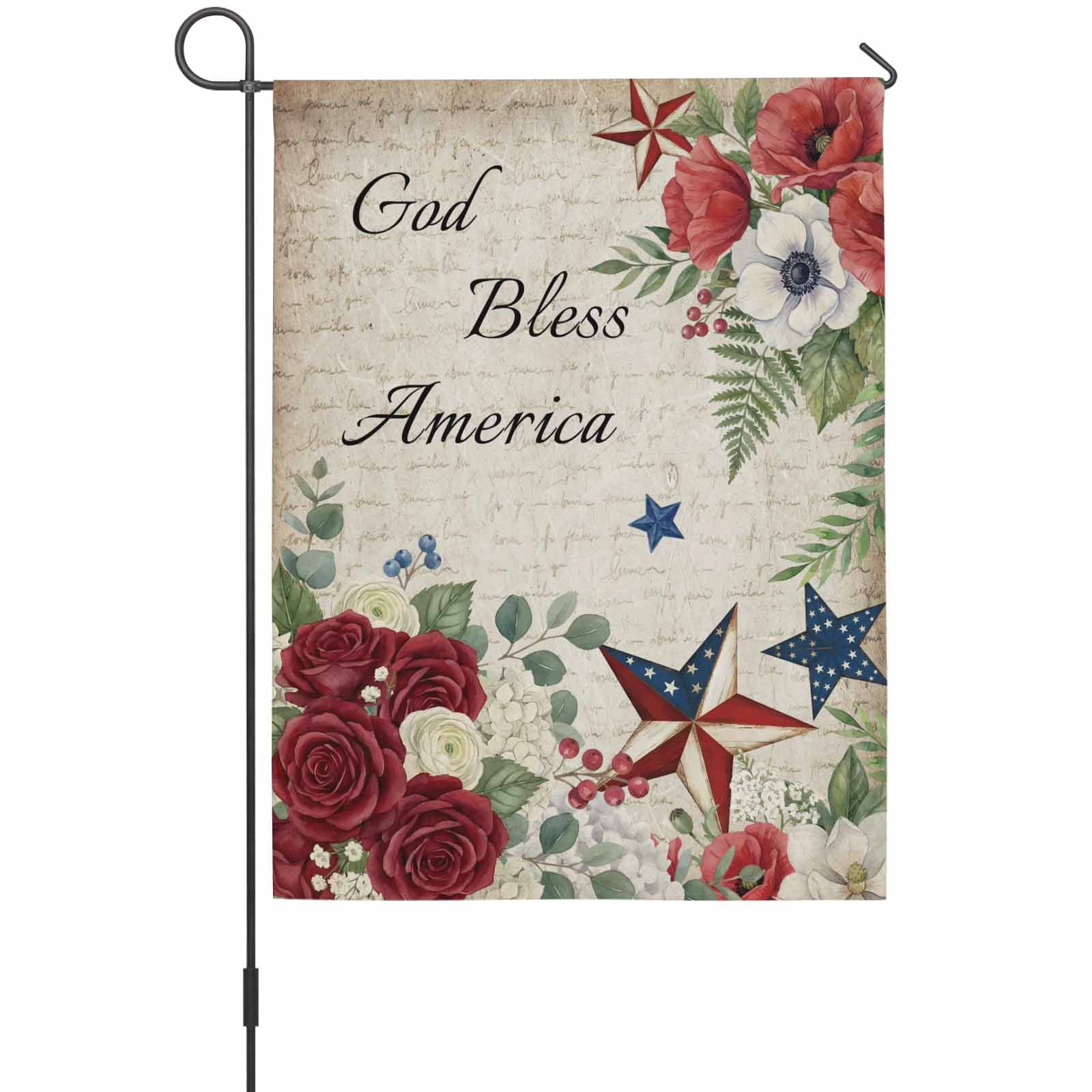 4th of July House Flag 28 x 40 Inches, God Bless America Stars Red Flowers Leaf Vintage Weather Proof Outdoor Patio Flags Double Sided Small House Decoration for Yard Lawn Outside Home