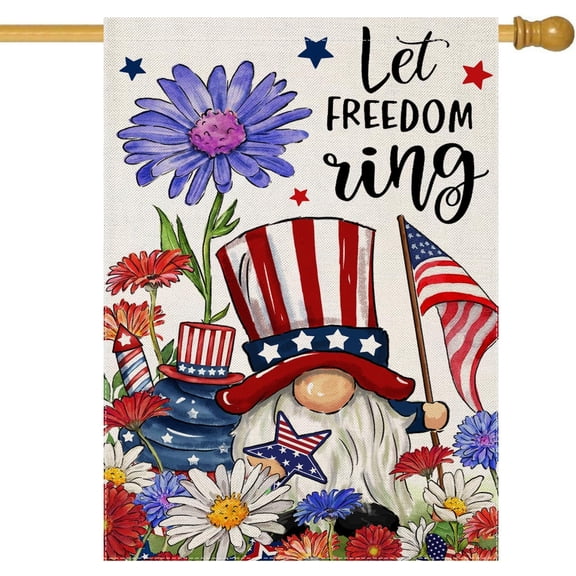 4th of July House Flags for Outdoor Decoration, Let FREEDOM Ring Patriotic Gnome Large Yard Flag,Seasonal Decorative Decor for Summer 250th Years USA Anniversary Outside 28x40 Inch Double Sided