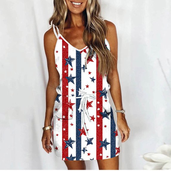 4th of July Independence Day American Flag Beach Sun Dress Fashion Women Casual Printed Sleevesless Camies Crew Neck Mini Dress Summer Vacation Beach Fashion S-XXL