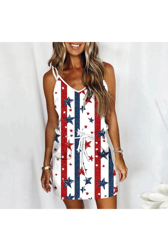 4th of July Independence Day American Flag Beach Sun Dress Fashion Women Casual Printed Sleevesless Camies Crew Neck Mini Dress Summer Vacation Beach Fashion S-XXL