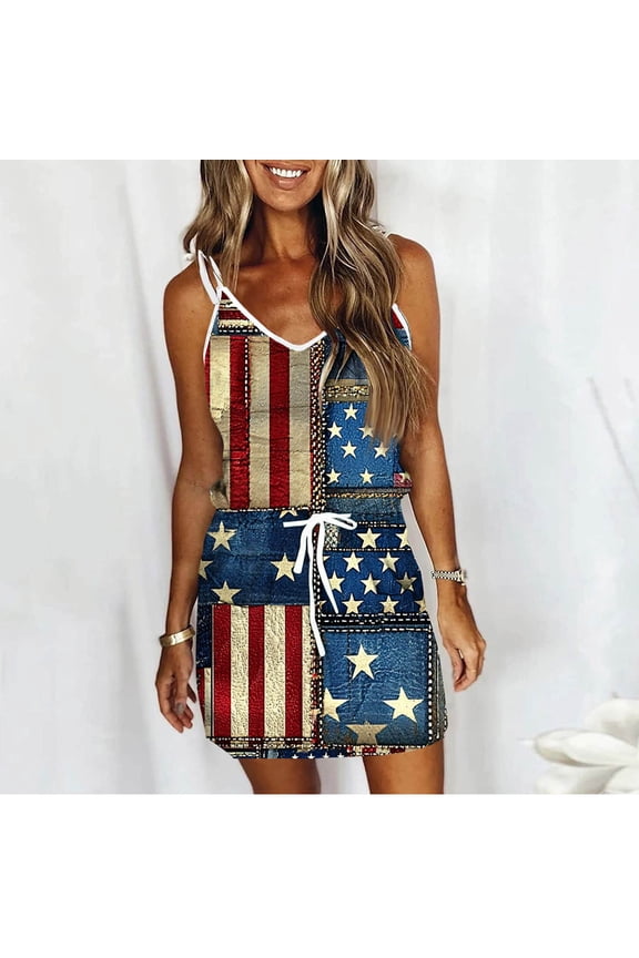 4th of July Independence Day American Flag Beach Sun Dress Fashion Women Casual Printed Sleevesless Camies Crew Neck Mini Dress Summer Vacation Beach Fashion S-XXL