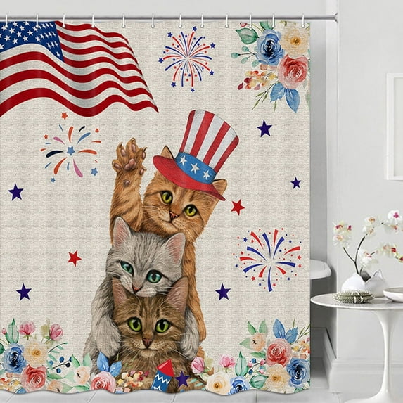 4th of July Independence Day Cat Shower Curtain, Funny Cat President'S Day Memorial Day God Bless The USA Patriotic Bathroom Shower Curtain, Red Blue Art Floral Decor Shower Curtain Set