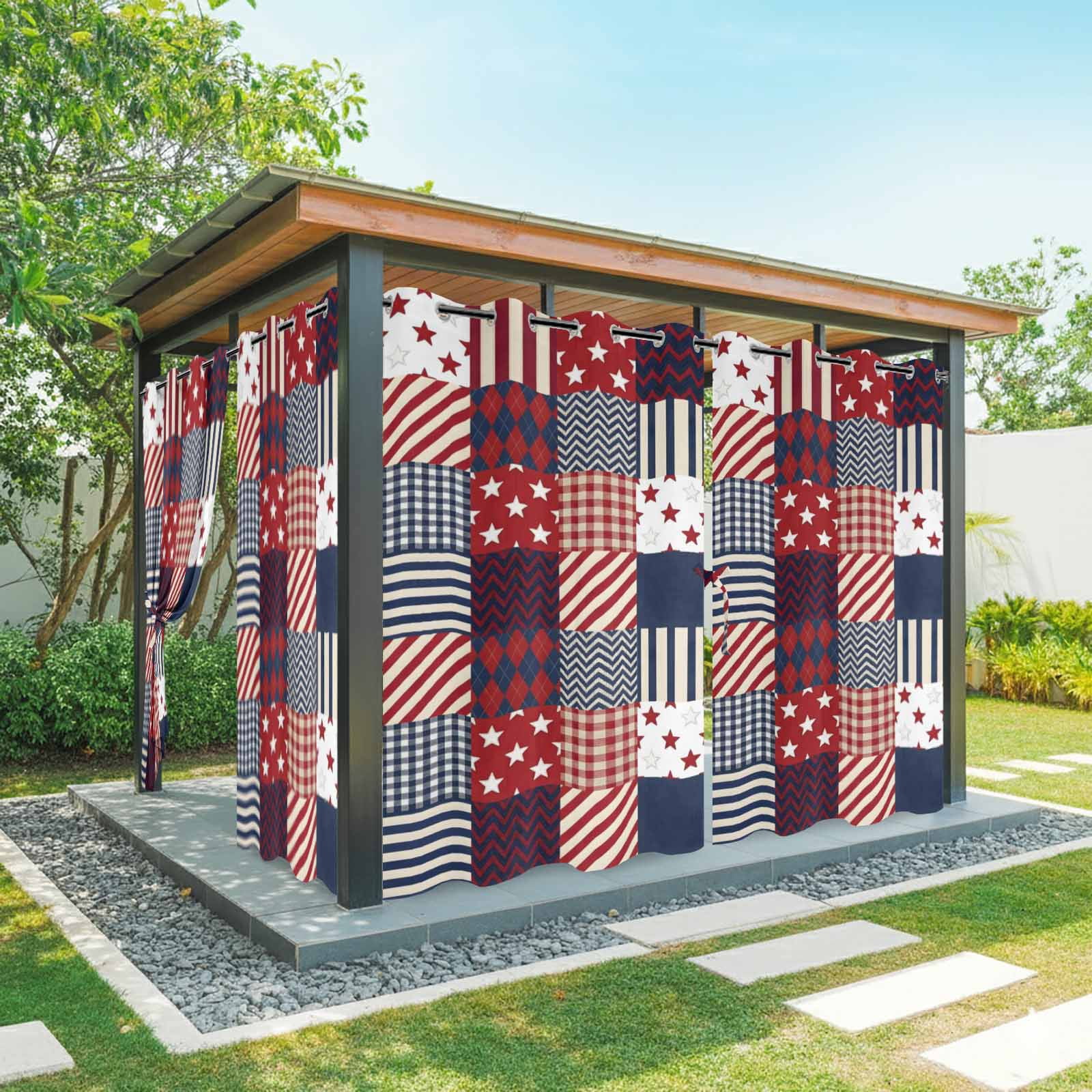 4th of July Independence Day Outdoor Curtains for Patio, Red Blue Star Striped Patchwork Sunshade Privacy Drapes Grommet Waterproof Outside Curtains for Porch/Cabana/Balcony 54"x 108", 1 Panel