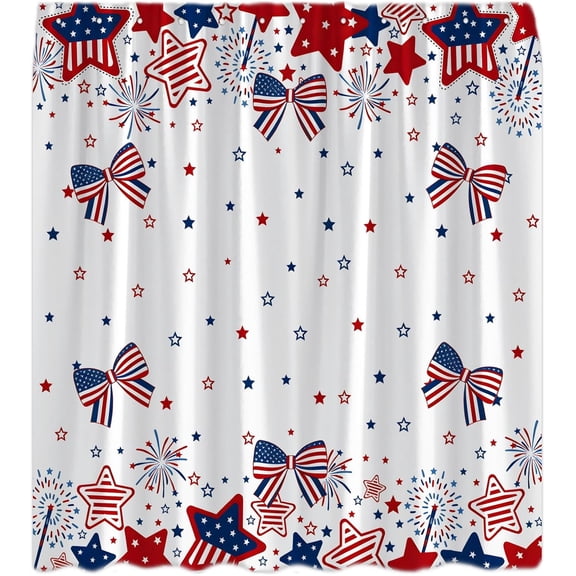 4th of July Independence Day Shower Curtain Blue Red Stars Bow Firework American Flag Patriotic Memorial Bathroom Curtains Decor with Hooks 36" WX70 H