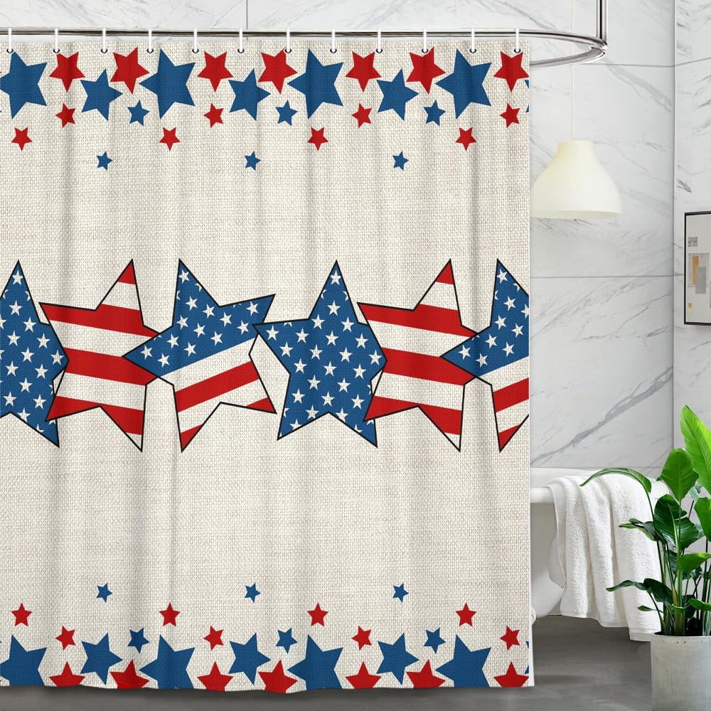4th of July Independence Day Shower Curtain Set, 4th of July American Flag Patriotic Star Fabric Bathroom Shower Curtain Family Holiday Decor Bathtub Curtain with 12PCS Hook