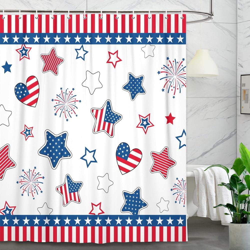 4th of July Independence Day Shower Curtain Set, 4th of July American Flag Patriotic Star Fabric Bathroom Shower Curtain Family Holiday Decor Bathtub Curtain with 12PCS Hook