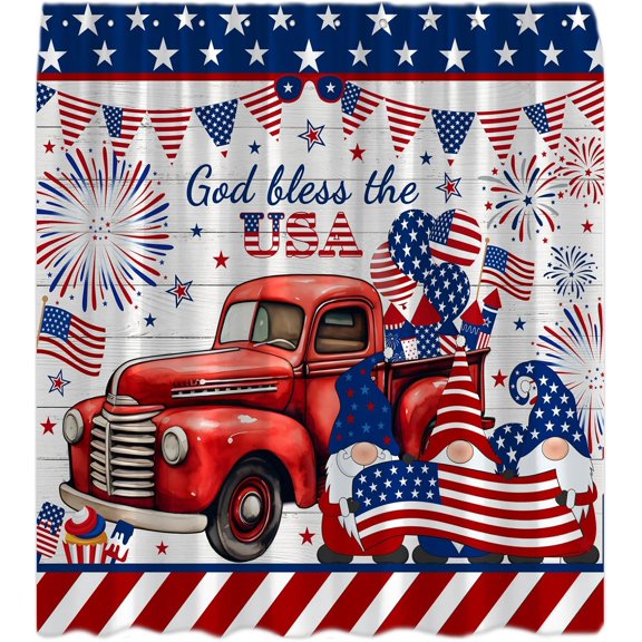 4th of July Independence Day Shower Curtain Truck American USA Flag Fireworks Balloon Patriotic Memorial Veterans Day Blue Red Star Celebration Holiday Rustic Bathroom Curtain with Hook,36x70IN