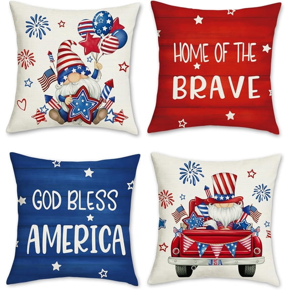 4th of July Independence Day Throw Pillow Covers 18 x 18 Inch God Bless America Flag Patriotic Star Truck Gnome Decorative Pillow Cases for Memorial Day Home Decor Set of 4