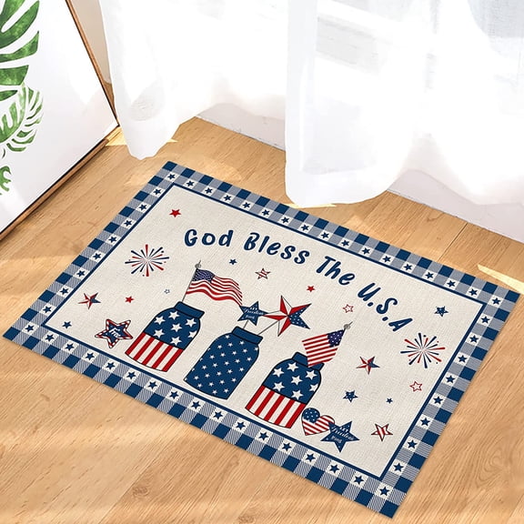4th of July Indoor Doormat Front Door Mat Independence Day American Flag Vase Blue Pentagram Plaid Non Slip Rubber Backing Absorbent Machine Washable Floor Mat Entrance Carpet Accent Rug Pet Mat