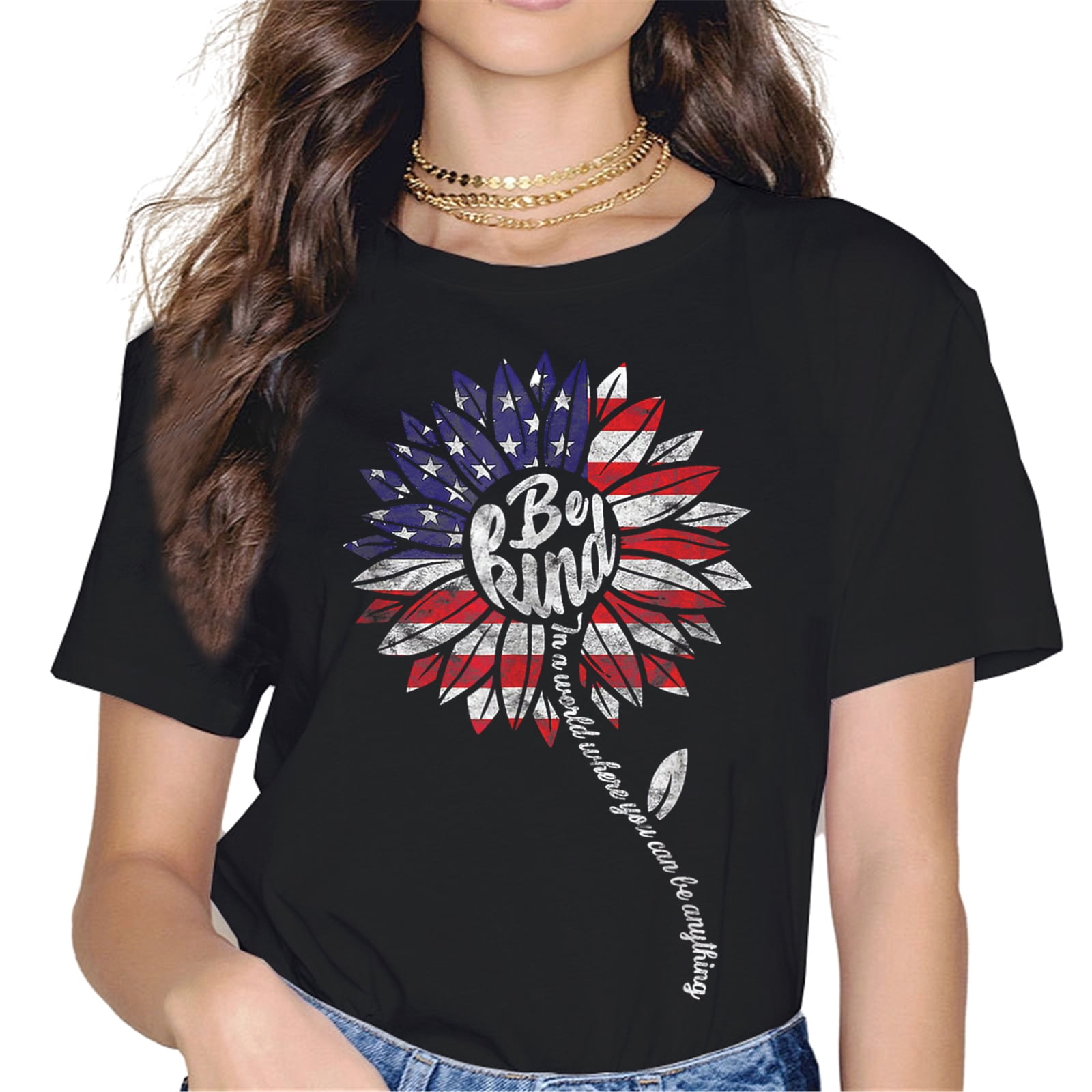Kind July 4th of July Be Kind American Flag Retro Sunflower Merica Gift T-Shirt ...