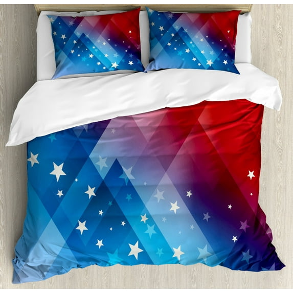 4th of July King Size Duvet Cover Set, Independence Day Themed Abstract Diamond Rhombus with Star Liberty Freedom, Decorative 3 Piece Bedding Set with 2 Pillow Shams, Red White Blue, by Ambesonne