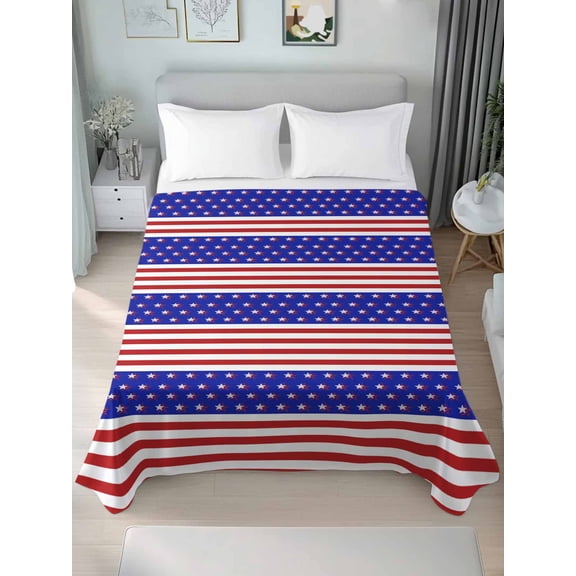 4th of July King Size Flat Sheet, Wrinkleproof & Fadeproof Cooling Flat Bed Sheet Only, Blue Star Red Striped Independence Day Breathable Soft Bedding Top Sheets 105 x 98 Inches