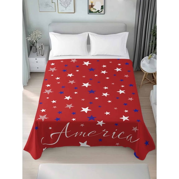 4th of July King Size Flat Sheet, Wrinkleproof & Fadeproof Cooling Flat Bed Sheet Only, Red Independence Day White Blue Star Breathable Soft Bedding Top Sheets 105 x 98 Inches
