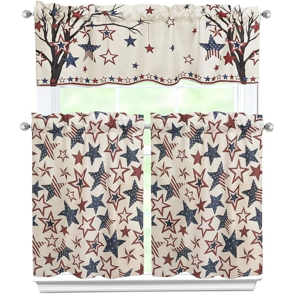 4th of July Kitchen Curtains 3 Piece Set Patriotic Curtains American Flag Stars Valance & Tiers for Kitchen Home Cafe Indoor 36 Inch Short Window Curtain Over Sink Window Independence Day Decor