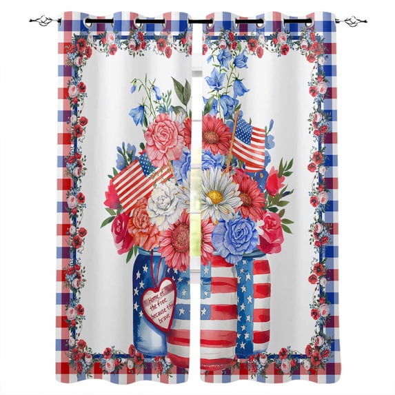 4th of July Kitchen Curtains Independence Day Floral Striped Cafe Short Curtains for Bathroom Blackout Window Curtain Grommet Small Window Treatment Tier Drapes for Bedroom Living Room 52"x45"x2