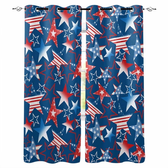 4th of July Kitchen Curtains Navy Blue Red Stars Independence Day Abstract Cafe Short Curtains for Bathroom Blackout Window Curtain Small Window Treatment Drapes for Bedroom Living Room 52"x45"x2